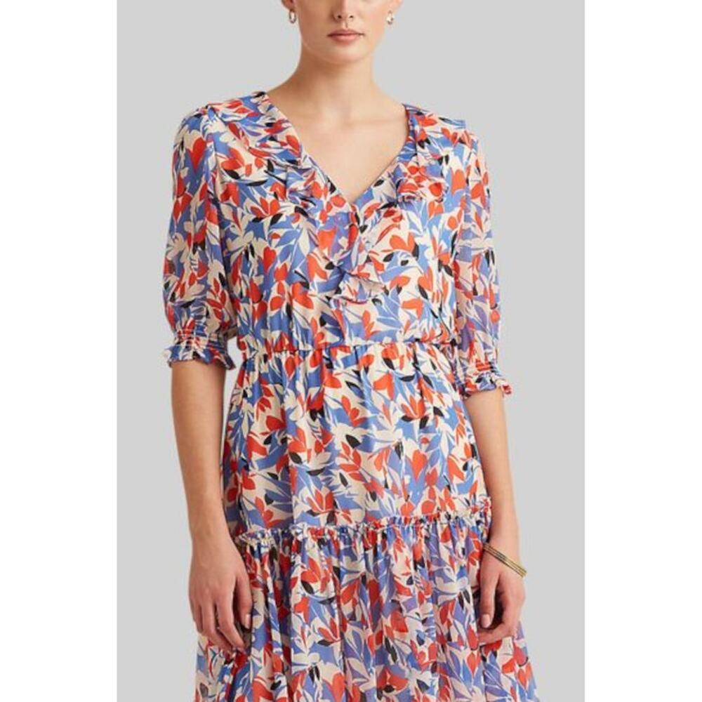 Lauren Ralph Lauren Ruffled Smocked Sheer Printed Dress, Sz 10 — NWT